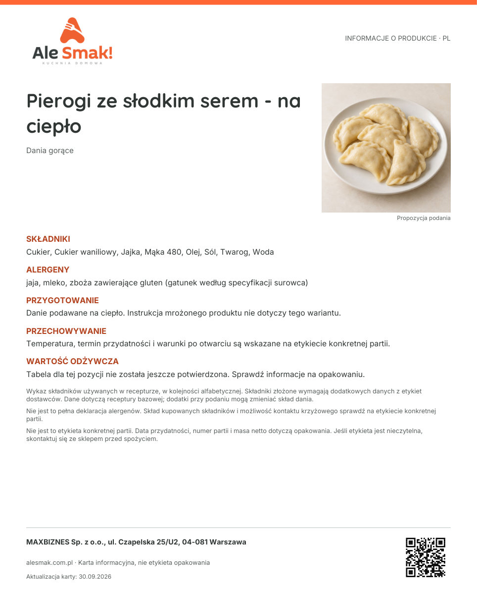 Karta informacyjna (PL): Pierogi ze słodkim serem - na ciepło
