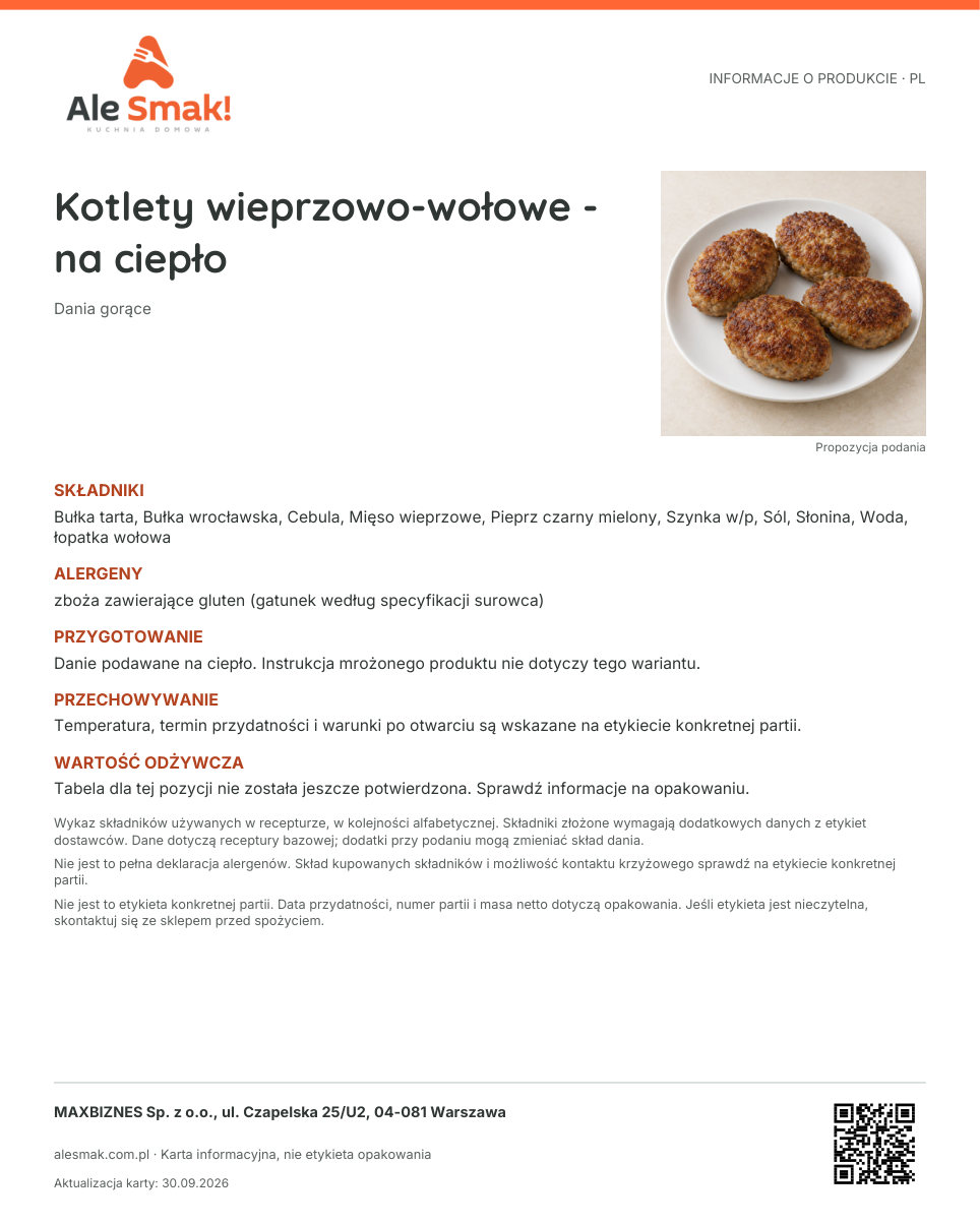 Karta informacyjna (PL): Kotlety wieprzowo-wołowe - na ciepło