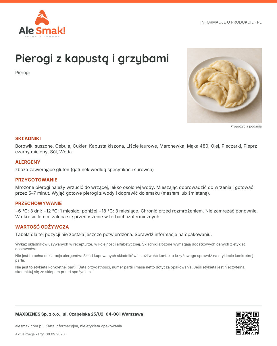 Karta informacyjna (PL): Pierogi z kapustą i grzybami