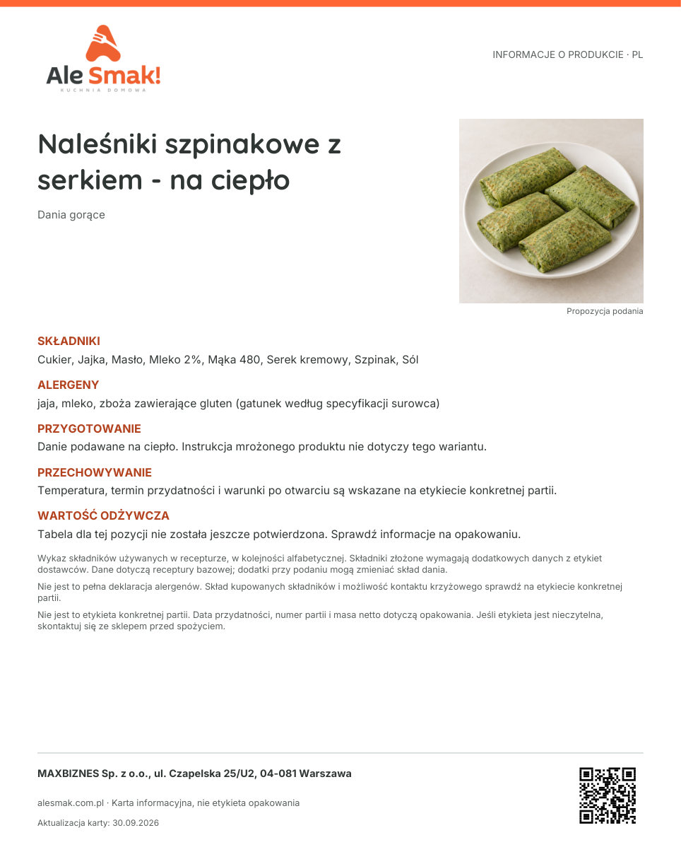 Karta informacyjna (PL): Naleśniki szpinakowe z serkiem - na ciepło