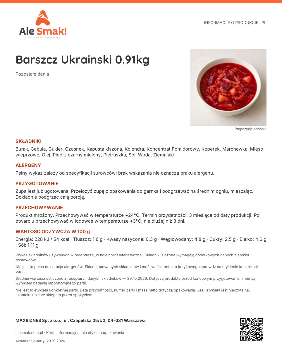 Karta informacyjna (PL): Barszcz Ukrainski 0.91kg