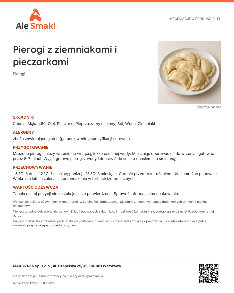 Karta informacyjna (PL): Pierogi z ziemniakami i pieczarkami