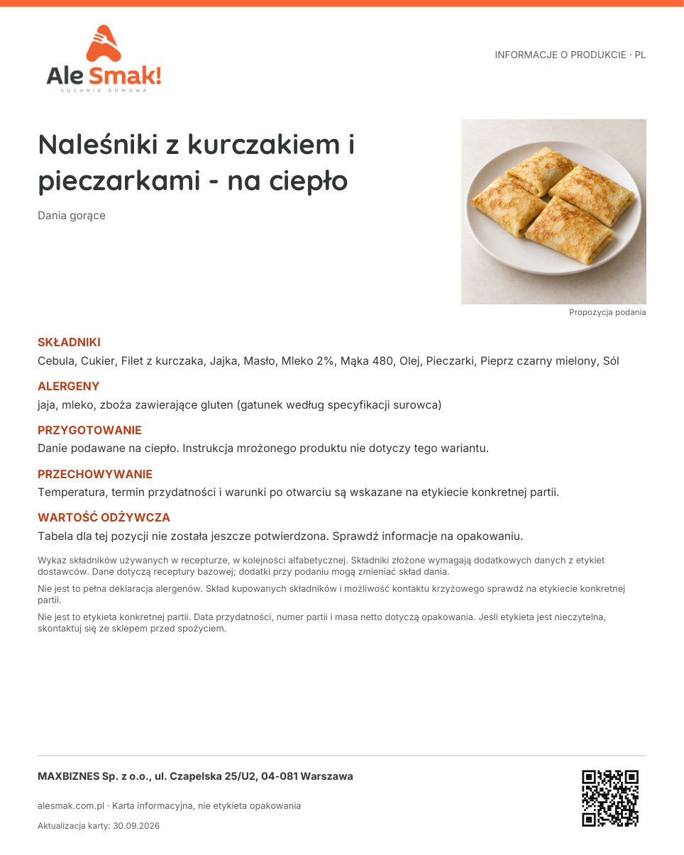 Karta informacyjna (PL): Naleśniki z kurczakiem i pieczarkami - na ciepło