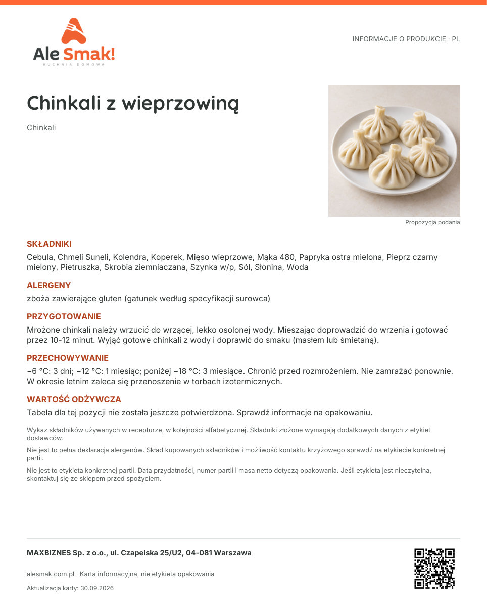 Karta informacyjna (PL): Chinkali z wieprzowiną