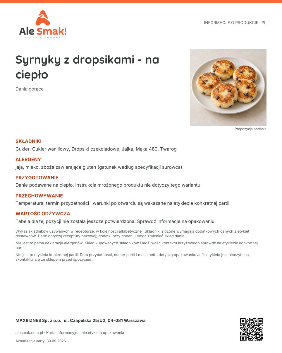 Karta informacyjna (PL): Syrnyky z dropsikami - na ciepło