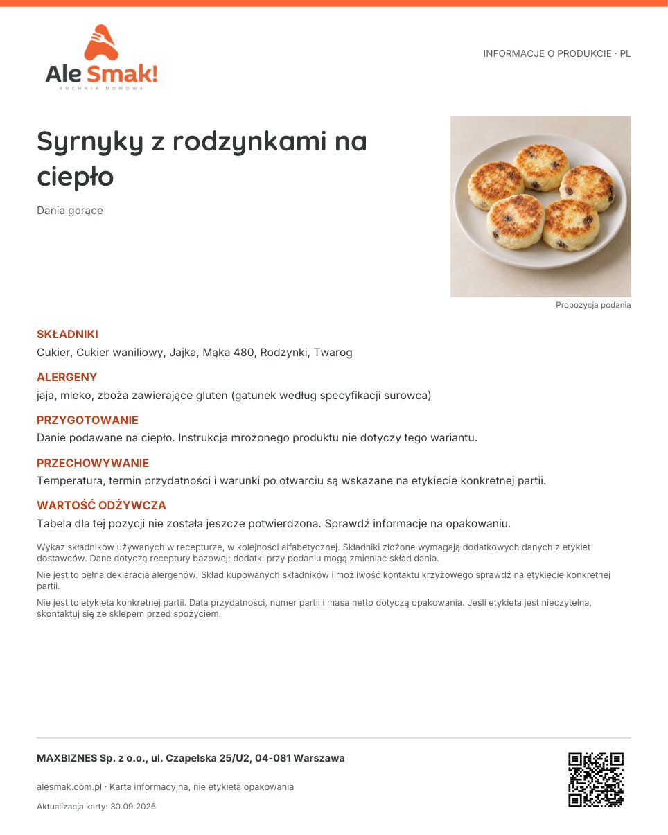 Karta informacyjna (PL): Syrnyky z rodzynkami na ciepło