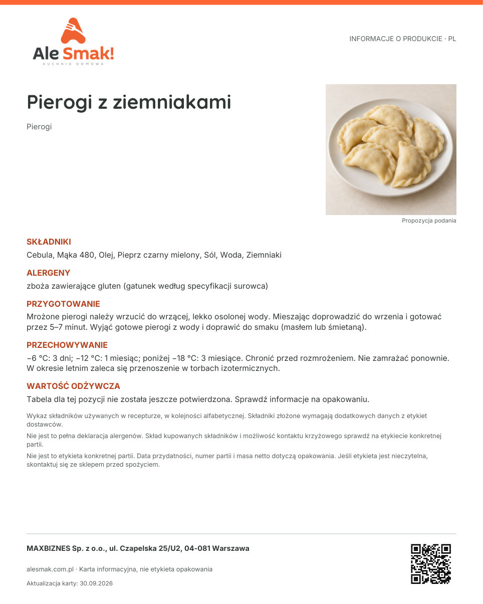 Karta informacyjna (PL): Pierogi z ziemniakami