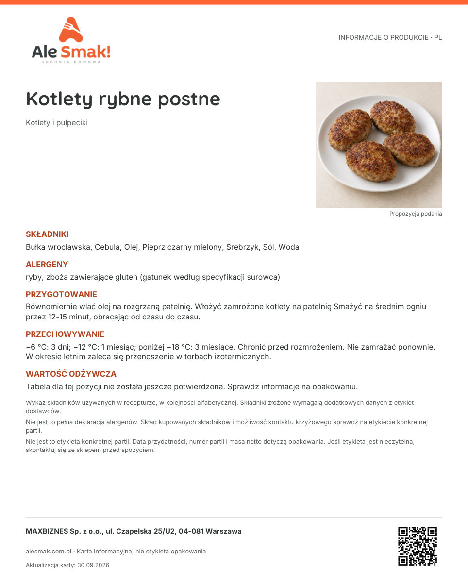 Karta informacyjna (PL): Kotlety rybne postne