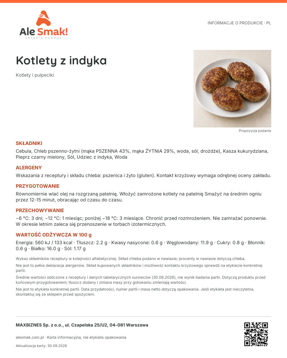 Karta informacyjna (PL): Kotlety z indyka