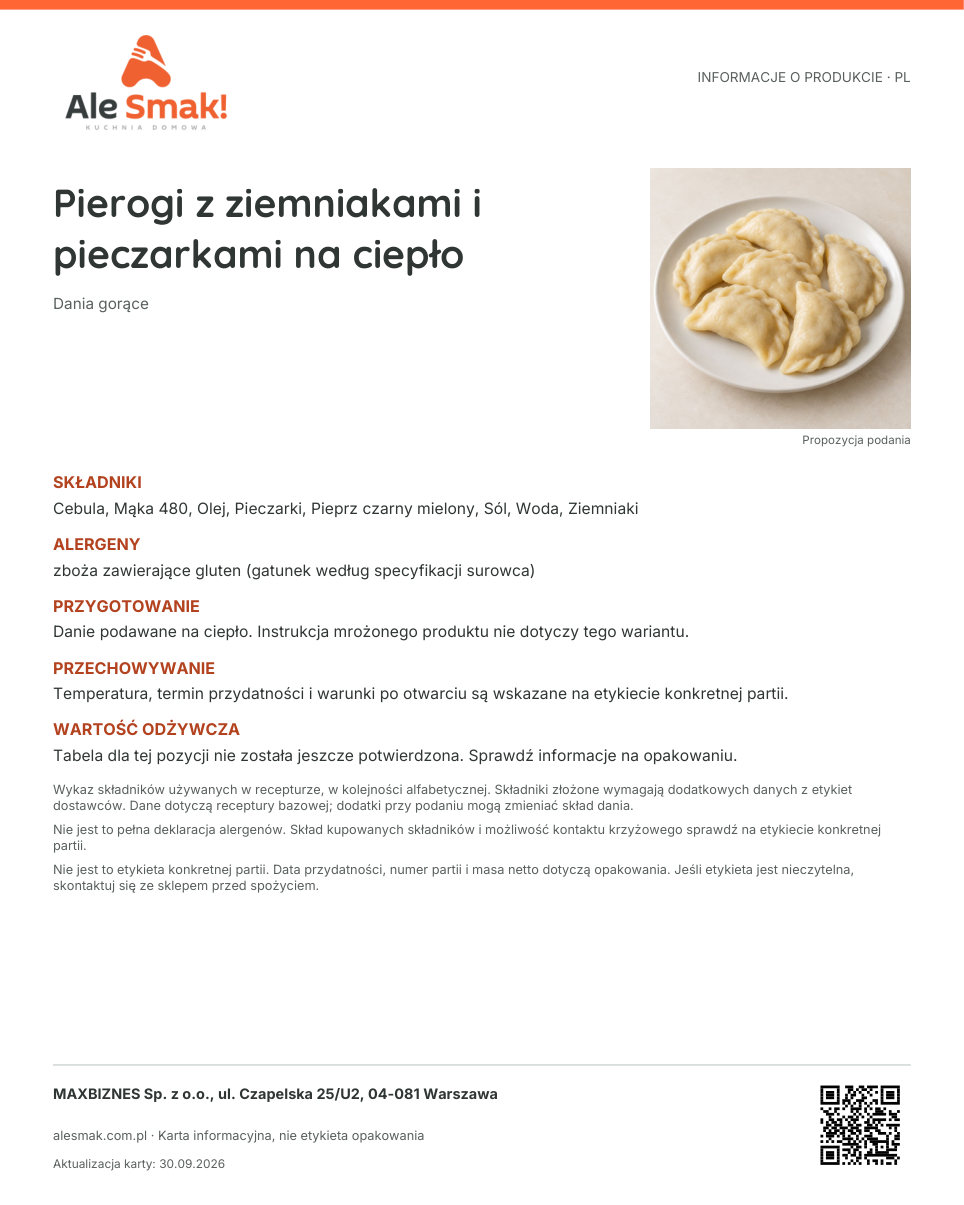Karta informacyjna (PL): Pierogi z ziemniakami i pieczarkami na ciepło
