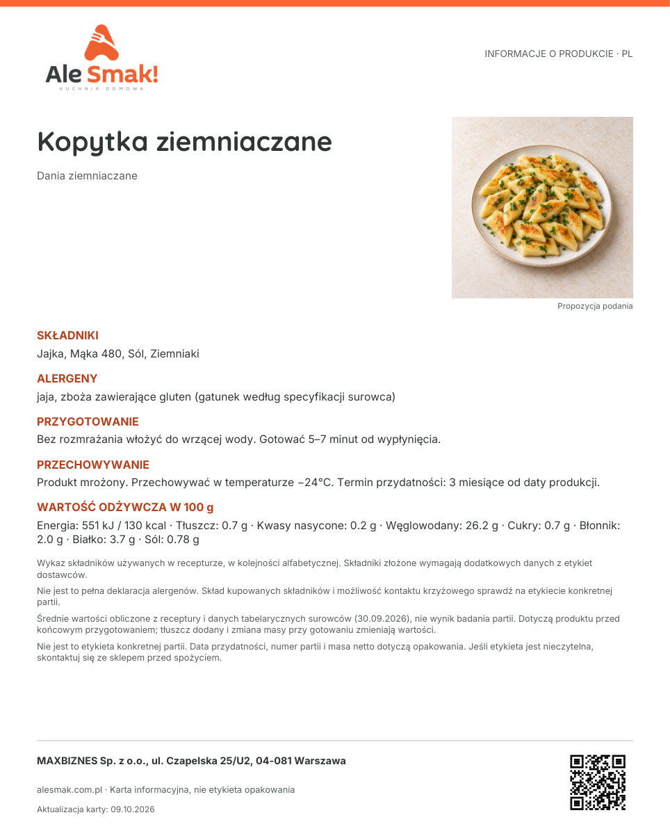 Karta informacyjna (PL): Kopytka ziemniaczane