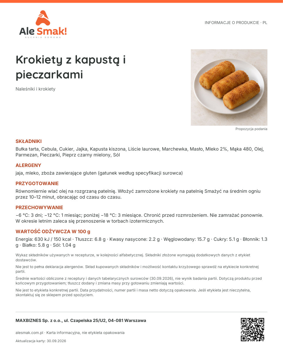 Karta informacyjna (PL): Krokiety z kapustą i pieczarkami