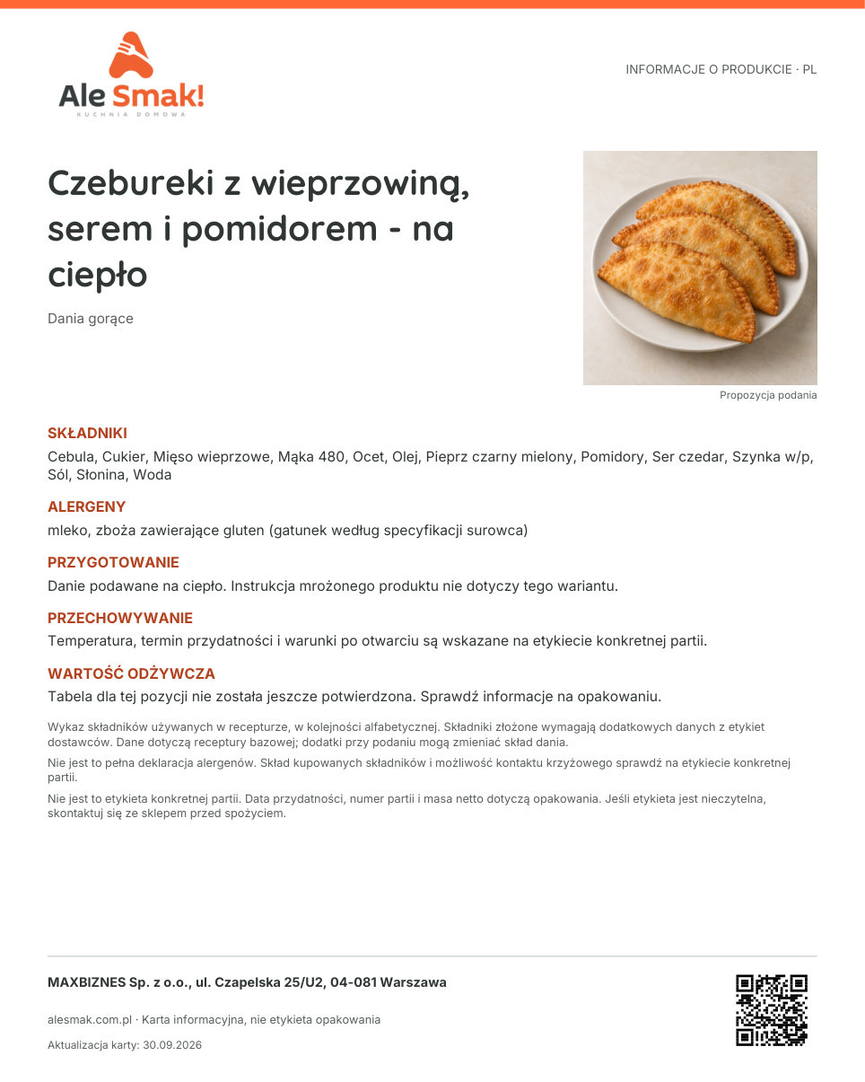 Karta informacyjna (PL): Czebureki z wieprzowiną, serem i pomidorem - na ciepło