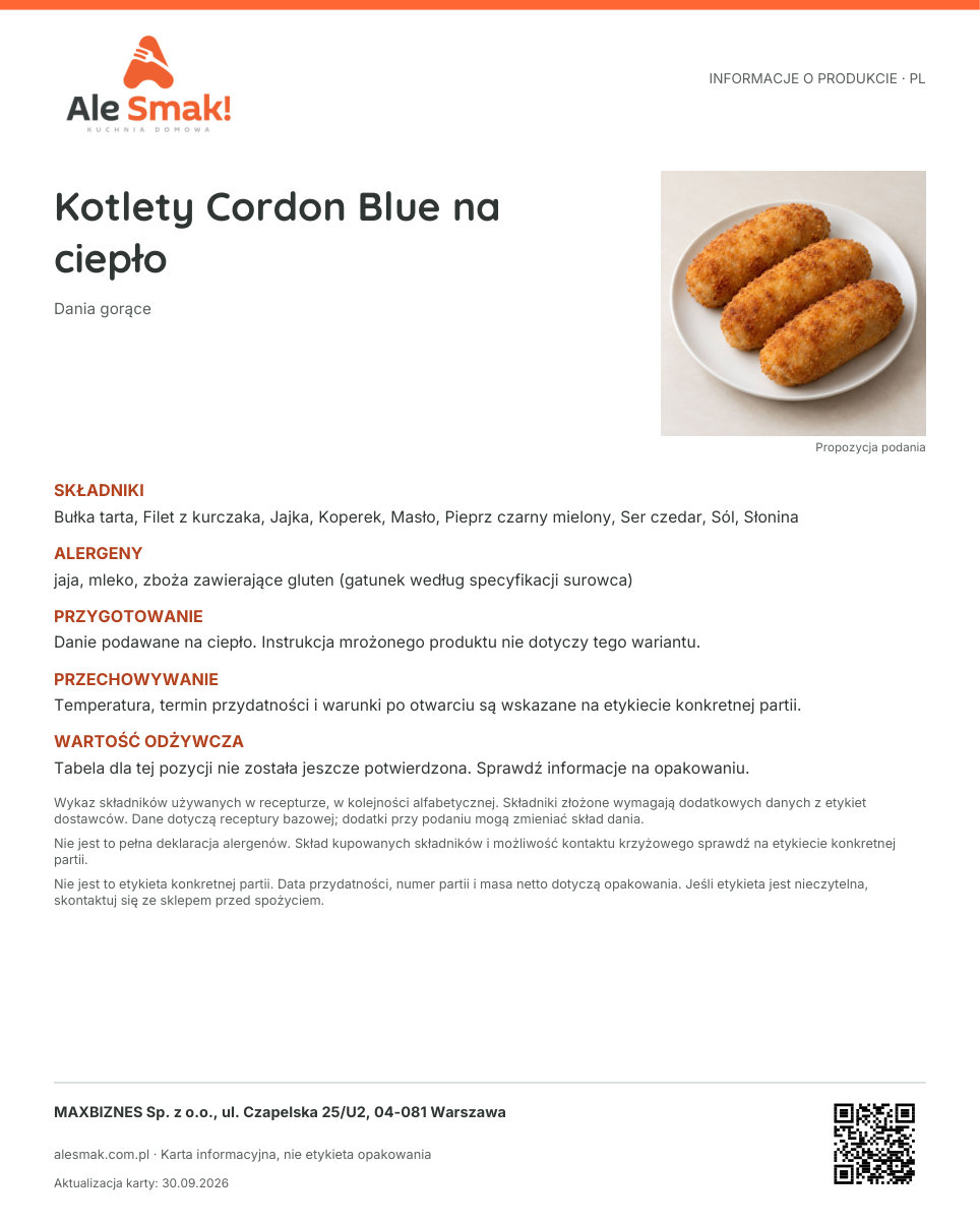 Karta informacyjna (PL): Kotlety Cordon Blue na ciepło