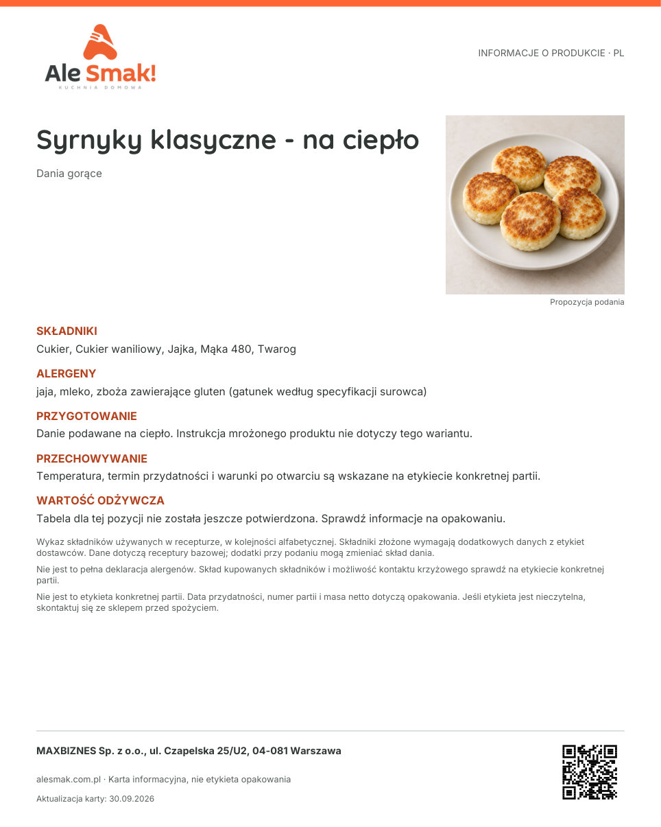 Karta informacyjna (PL): Syrnyky klasyczne - na ciepło