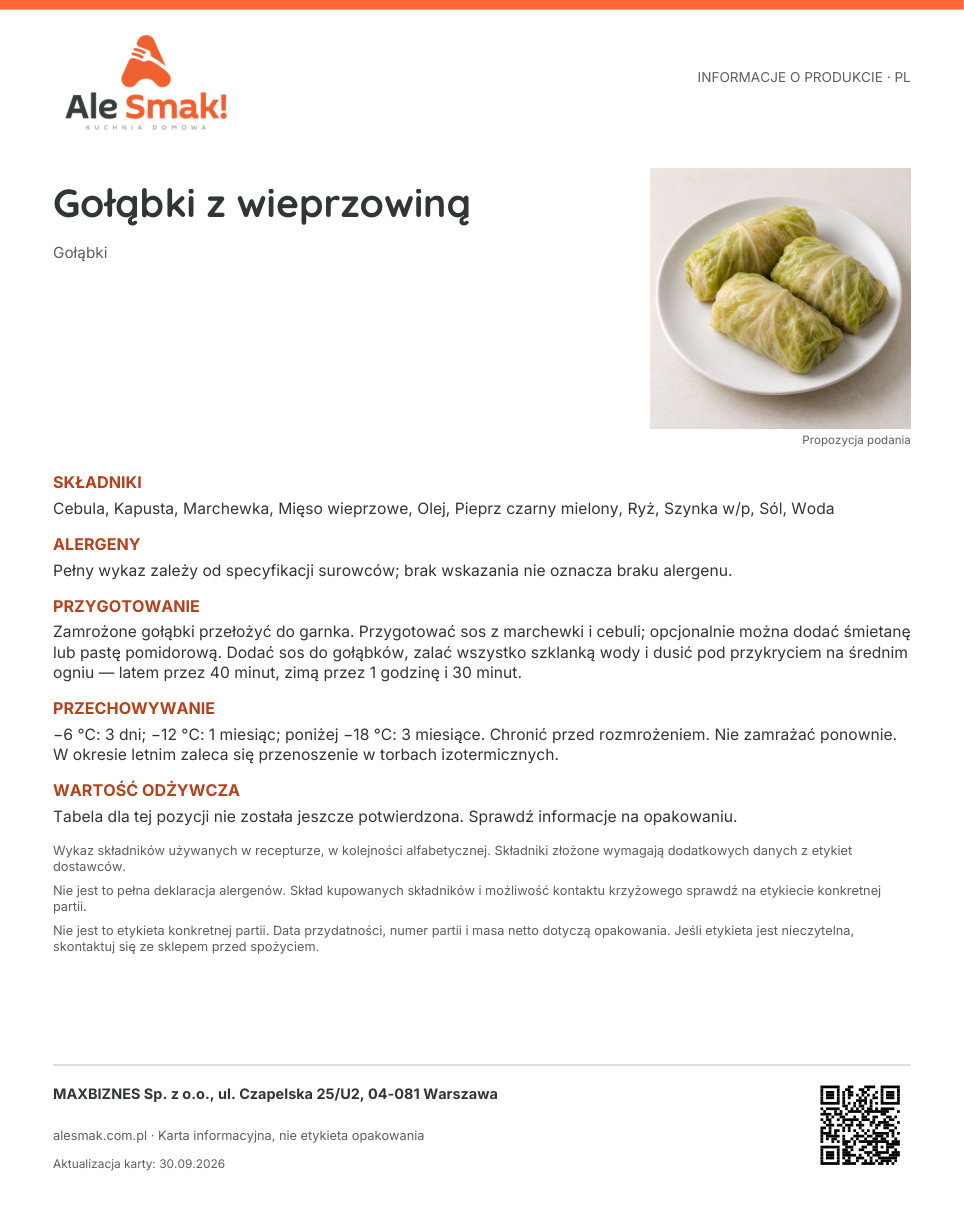 Karta informacyjna (PL): Gołąbki z wieprzowiną