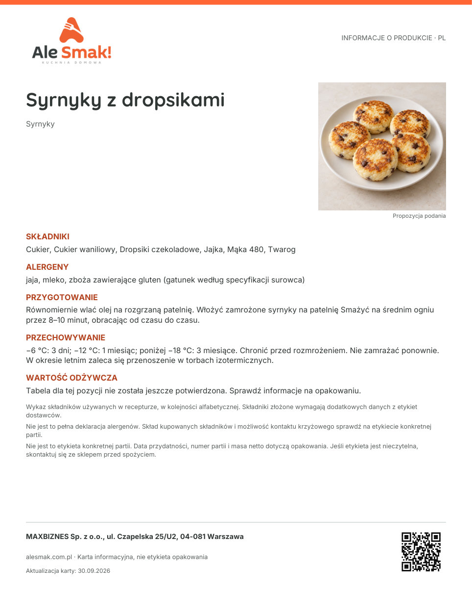 Karta informacyjna (PL): Syrnyky z dropsikami