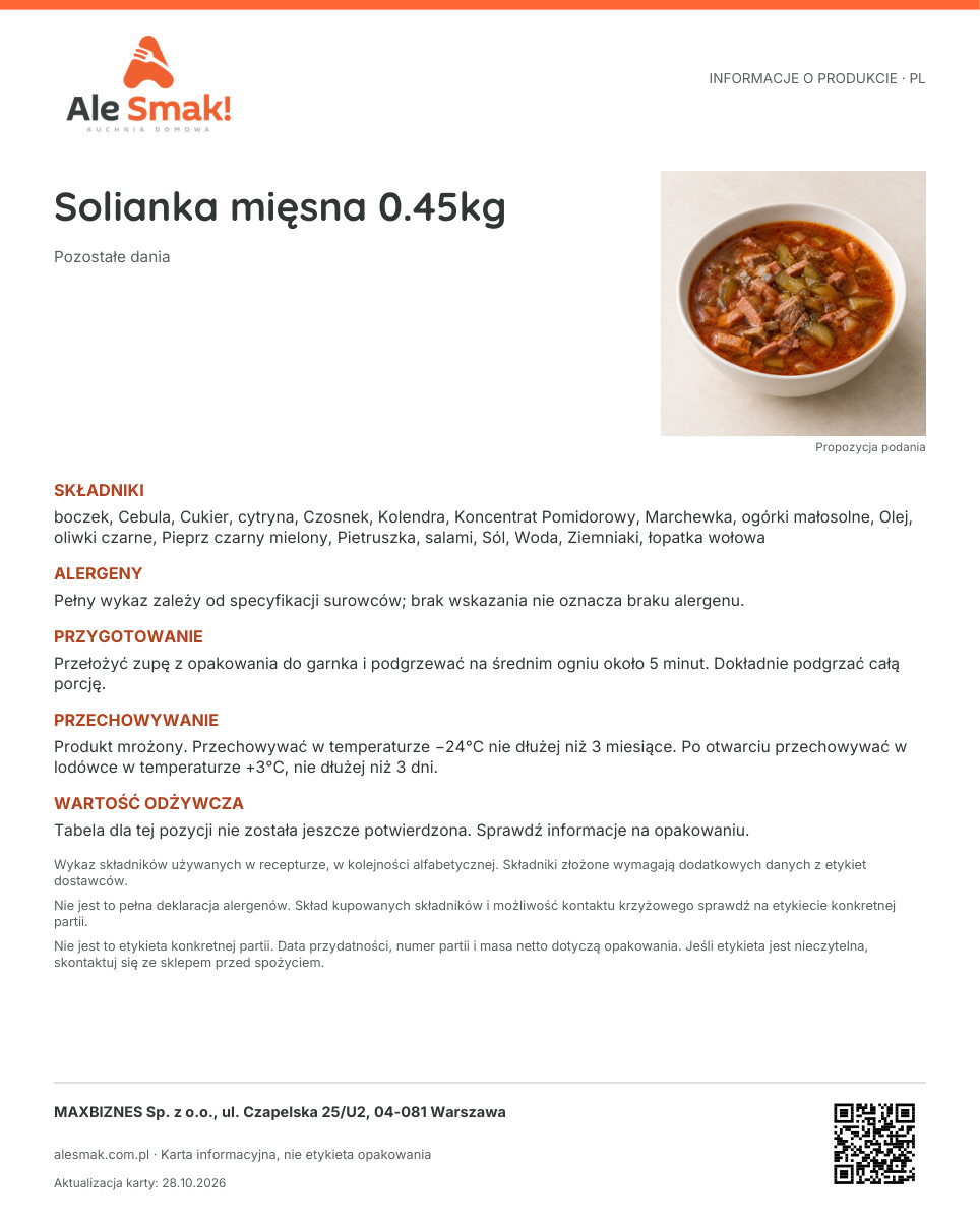 Karta informacyjna (PL): Solianka mięsna 0.45kg