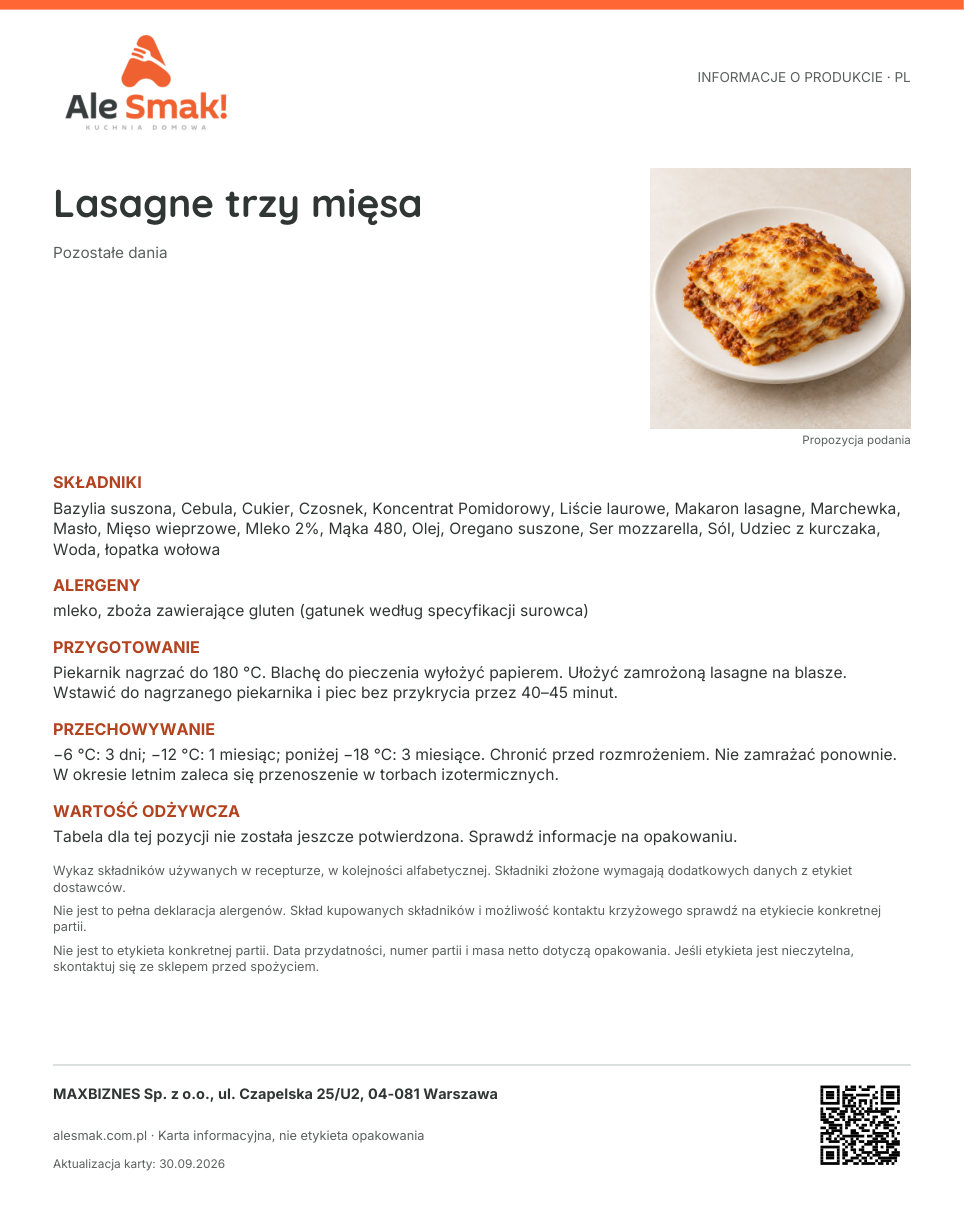 Karta informacyjna (PL): Lasagne trzy mięsa