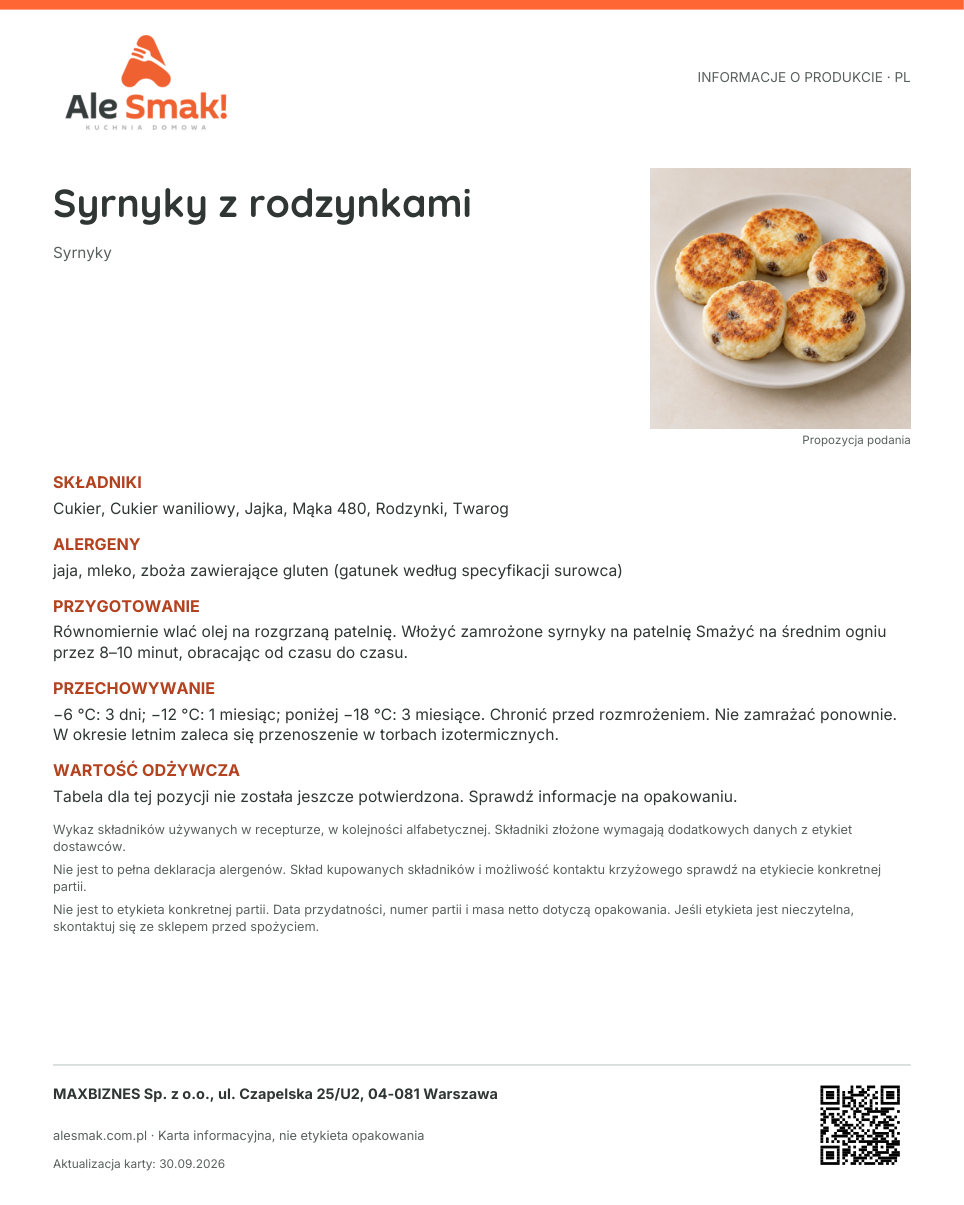Karta informacyjna (PL): Syrnyky z rodzynkami