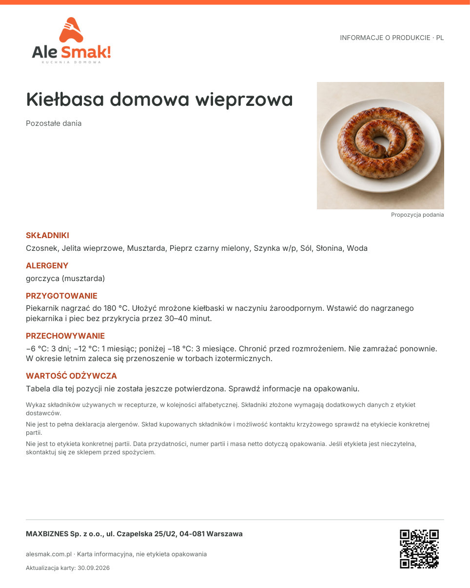 Karta informacyjna (PL): Kiełbasa domowa wieprzowa