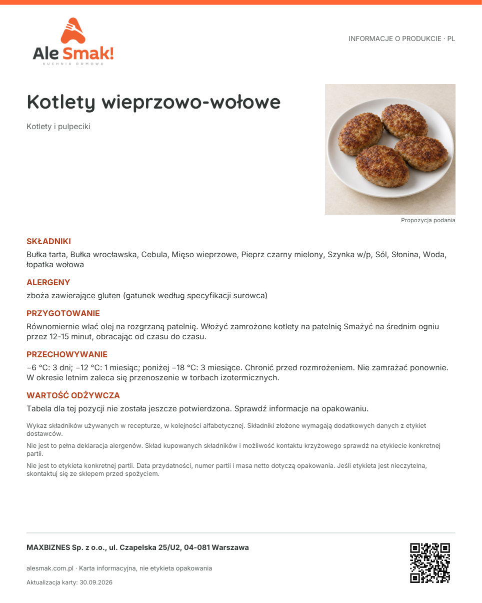 Karta informacyjna (PL): Kotlety wieprzowo-wołowe