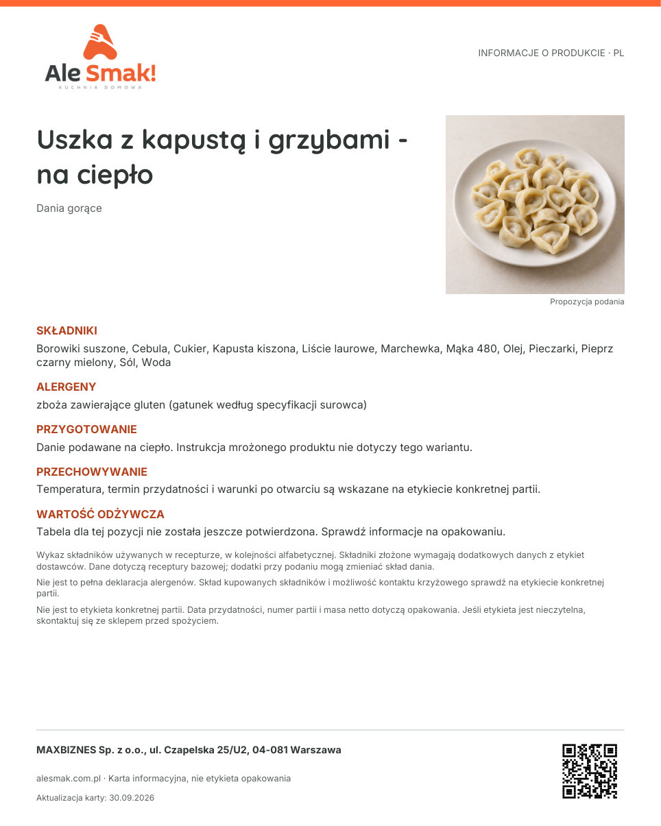 Karta informacyjna (PL): Uszka z kapustą i grzybami - na ciepło