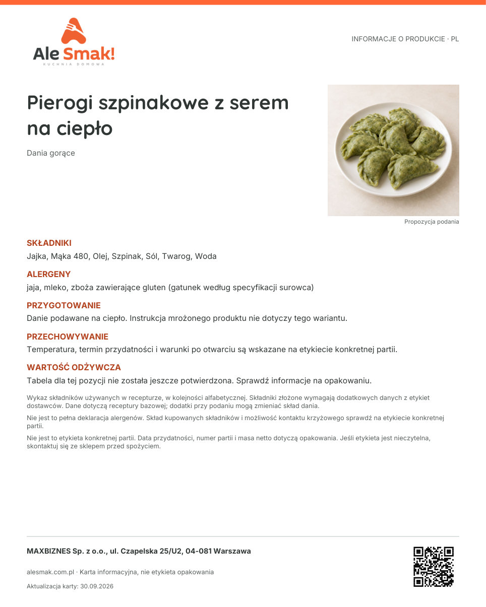 Karta informacyjna (PL): Pierogi szpinakowe z serem na ciepło