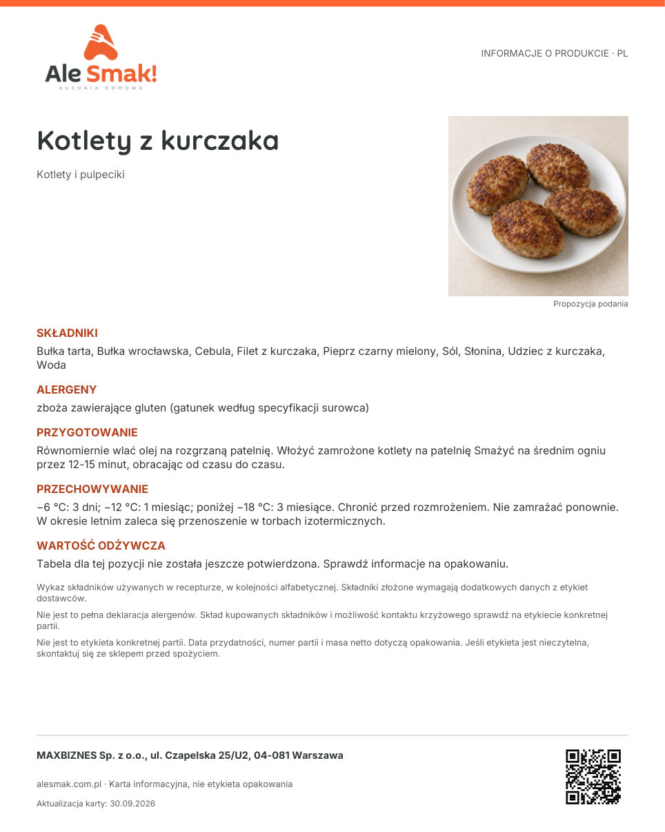 Karta informacyjna (PL): Kotlety z kurczaka