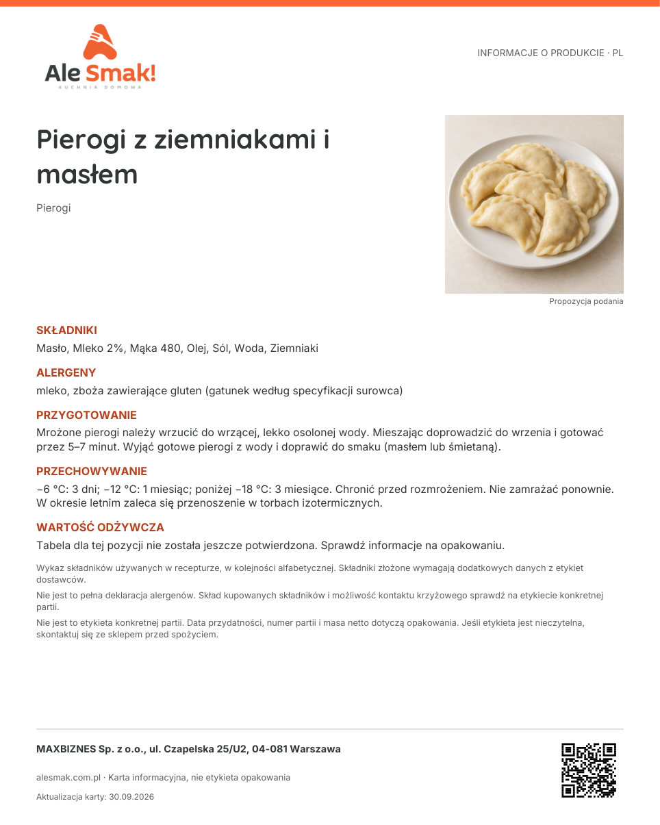 Karta informacyjna (PL): Pierogi z ziemniakami i masłem