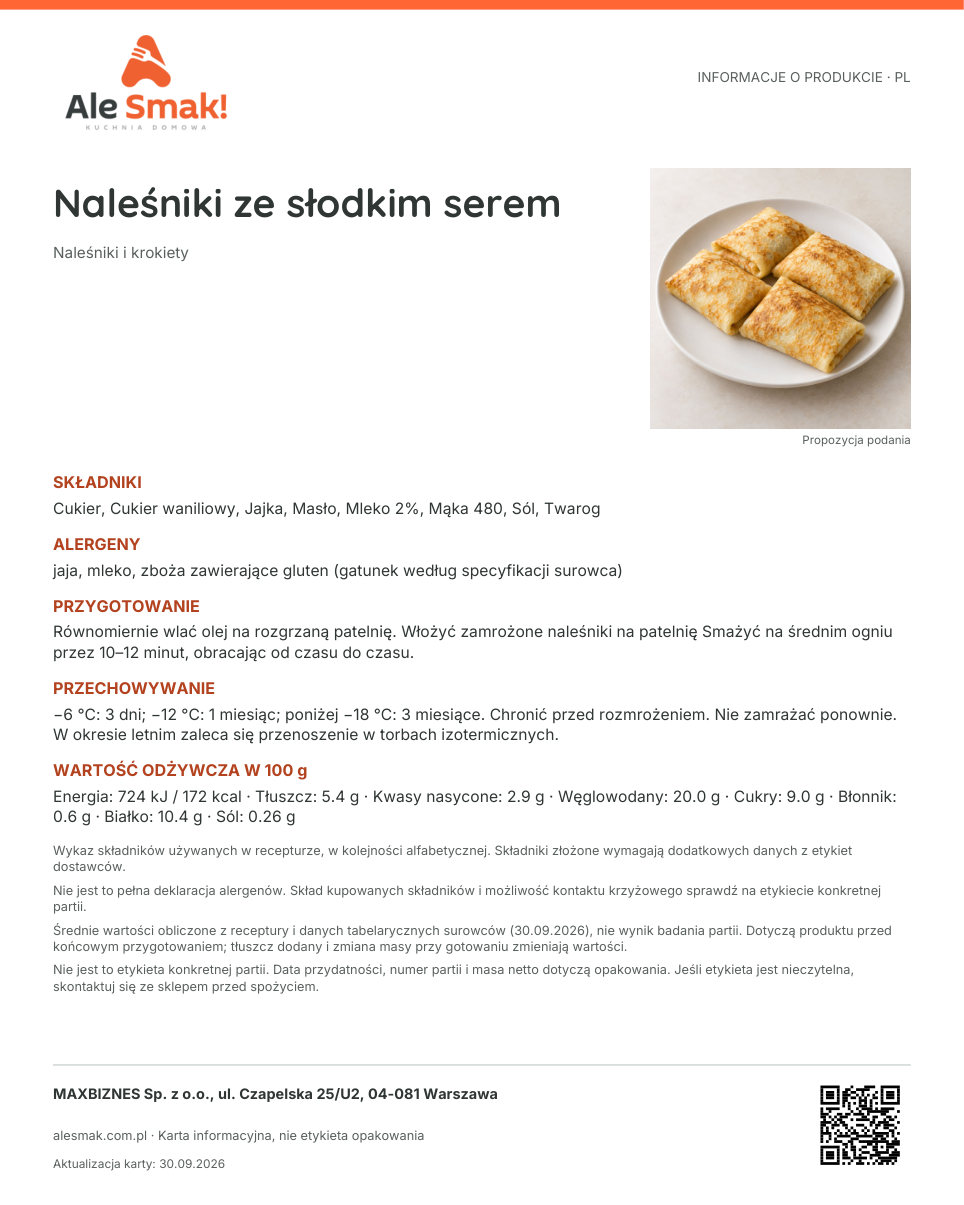 Karta informacyjna (PL): Naleśniki ze słodkim serem
