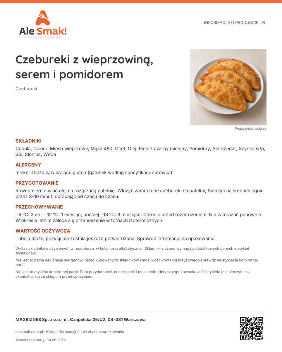 Karta informacyjna (PL): Czebureki z wieprzowiną, serem i pomidorem