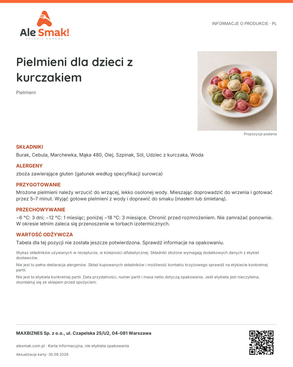 Karta informacyjna (PL): Pielmieni dla dzieci z kurczakiem