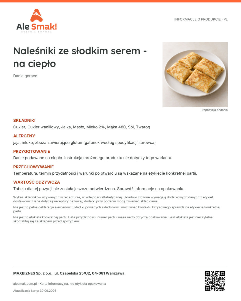 Karta informacyjna (PL): Naleśniki ze słodkim serem - na ciepło