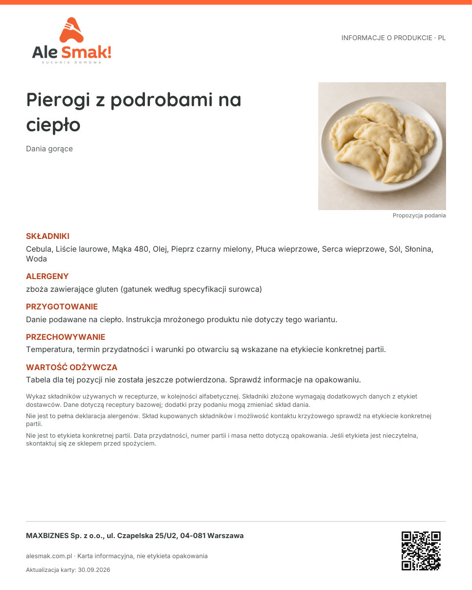 Karta informacyjna (PL): Pierogi z podrobami na ciepło