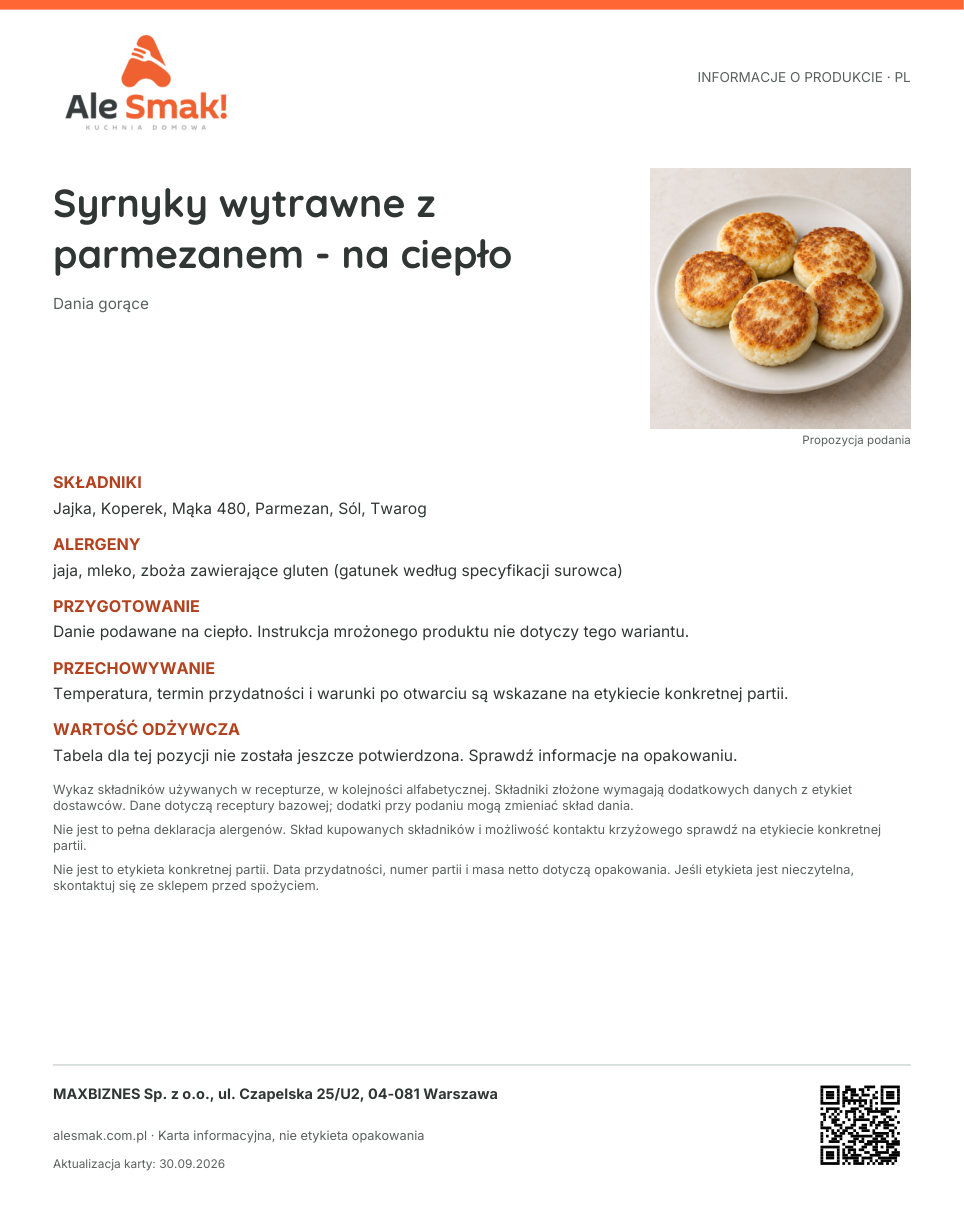 Karta informacyjna (PL): Syrnyky wytrawne z parmezanem - na ciepło