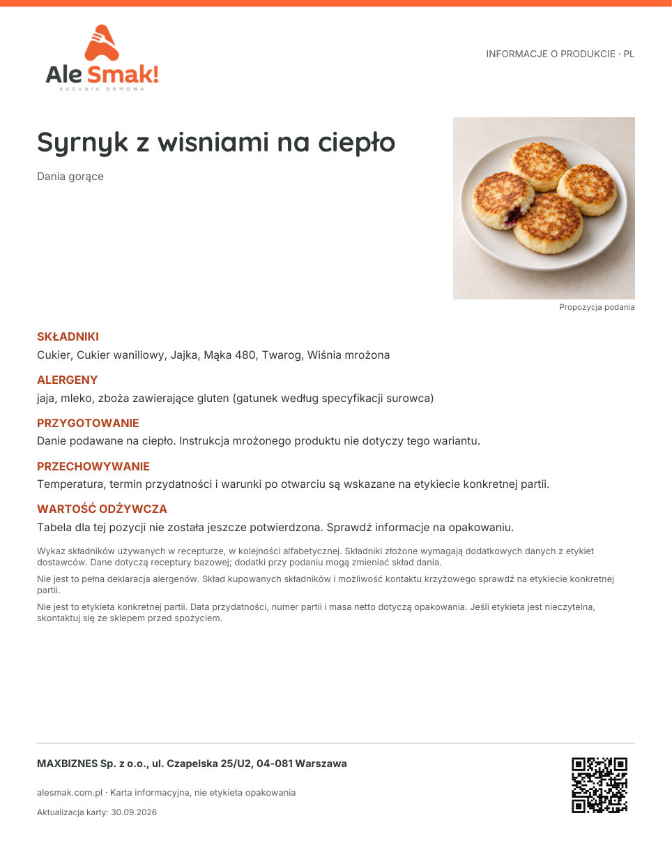 Karta informacyjna (PL): Syrnyk z wisniami na ciepło