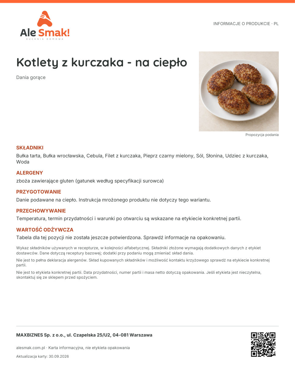 Karta informacyjna (PL): Kotlety z kurczaka - na ciepło