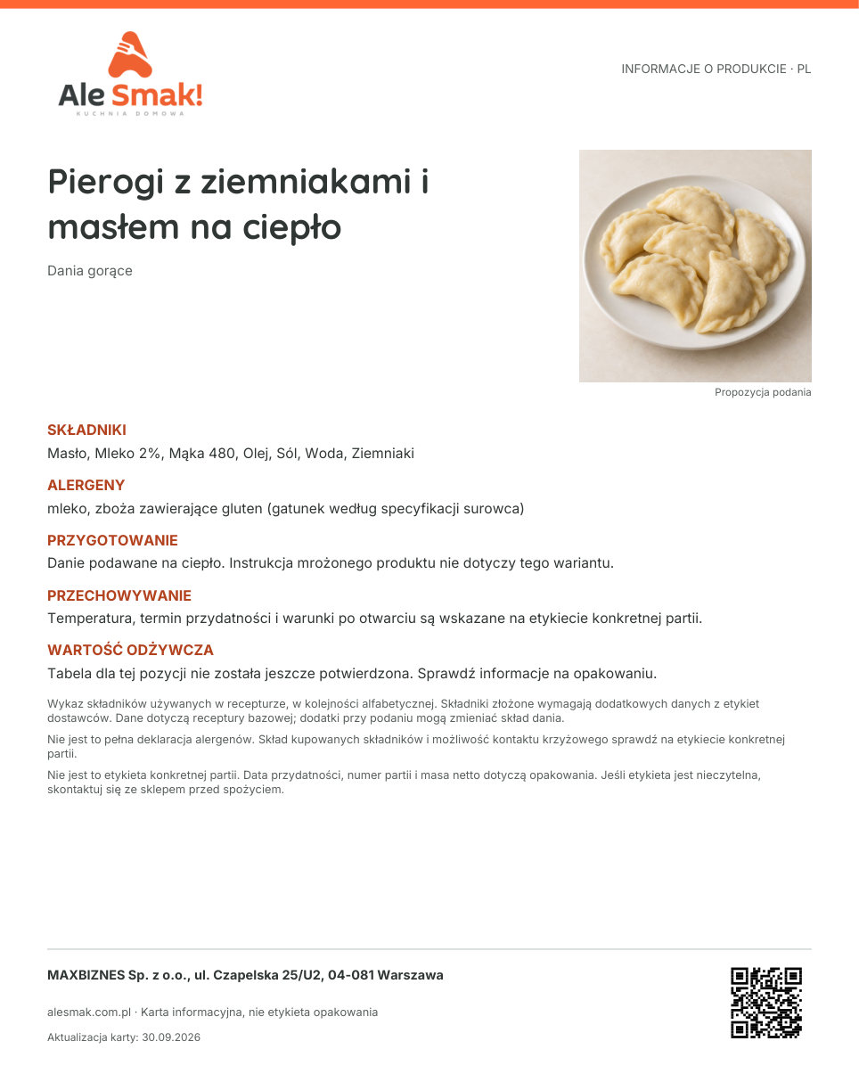 Karta informacyjna (PL): Pierogi z ziemniakami i masłem na ciepło