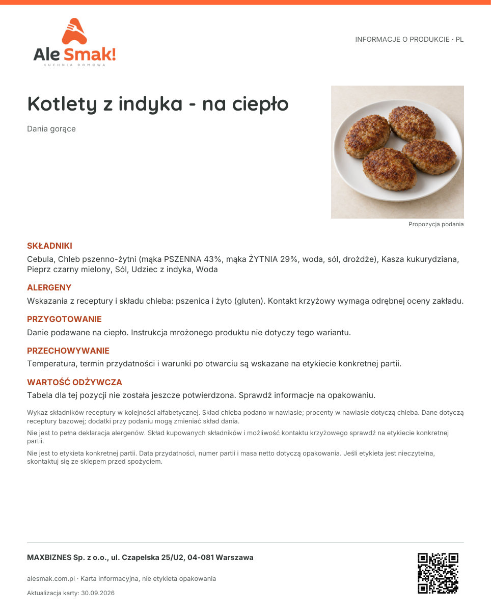 Karta informacyjna (PL): Kotlety z indyka - na ciepło