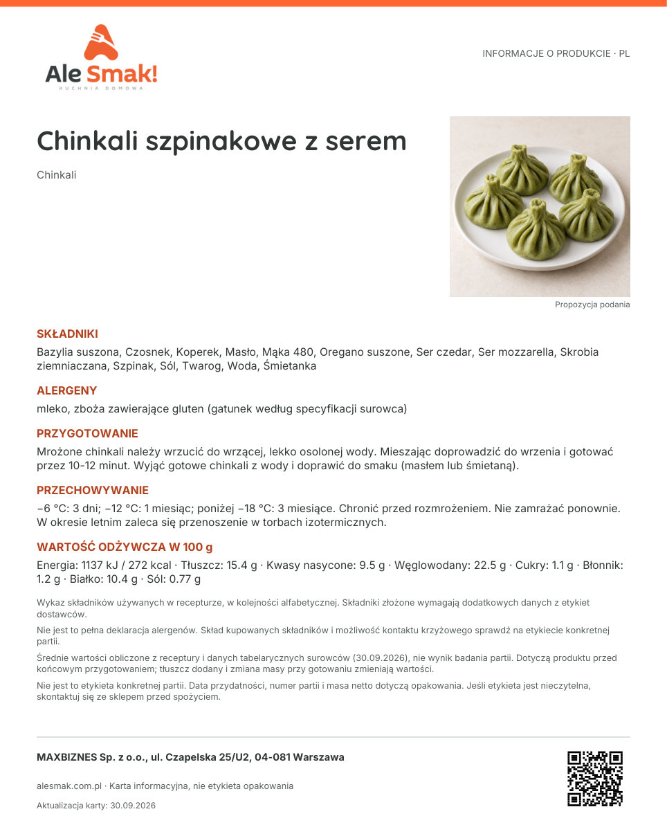 Karta informacyjna (PL): Chinkali szpinakowe z serem