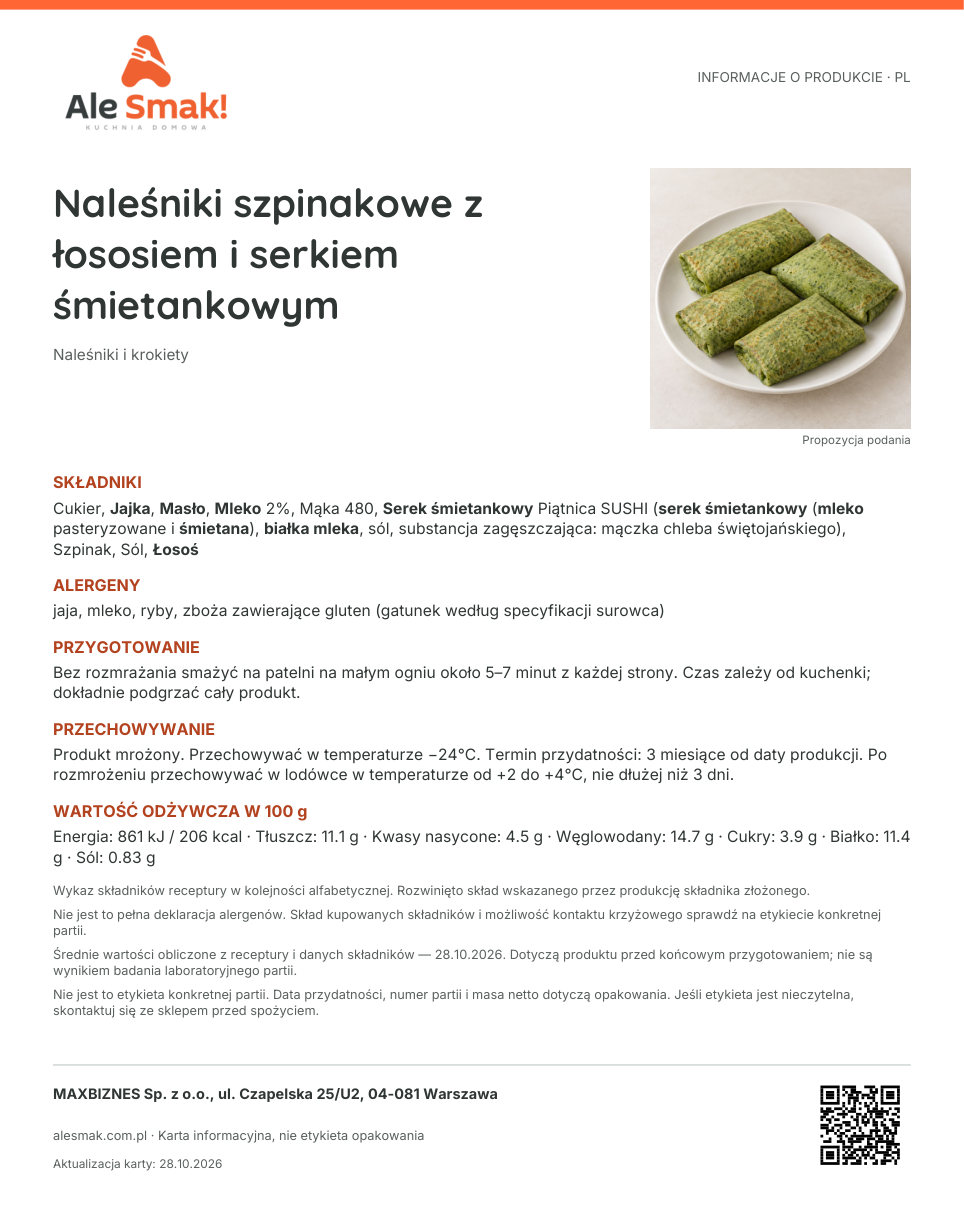 Karta informacyjna (PL): Naleśniki szpinakowe z łososiem i serkiem śmietankowym