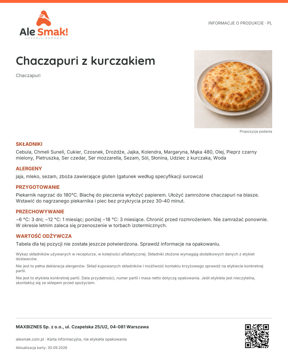 Karta informacyjna (PL): Chaczapuri z kurczakiem