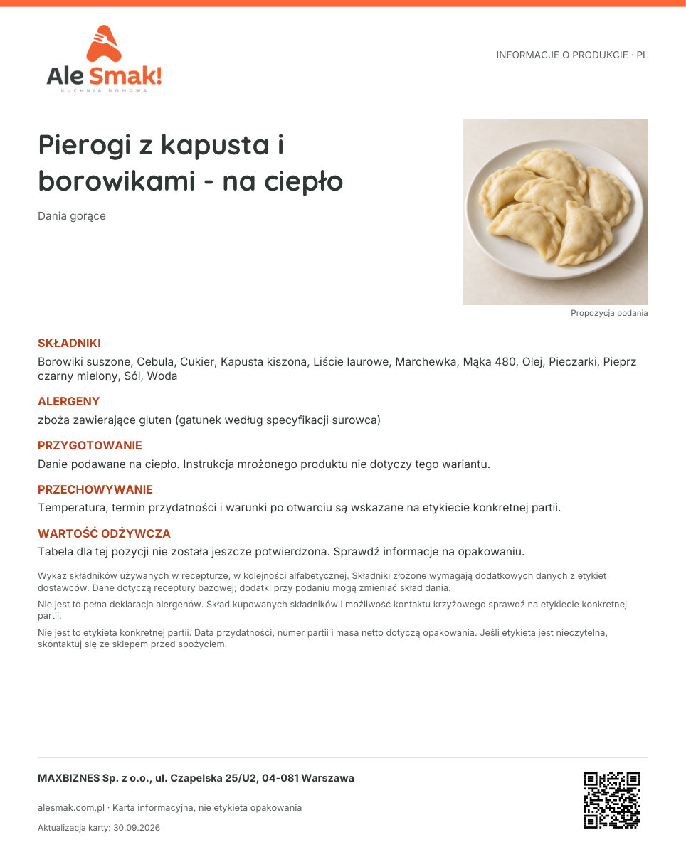 Karta informacyjna (PL): Pierogi z kapusta i borowikami - na ciepło
