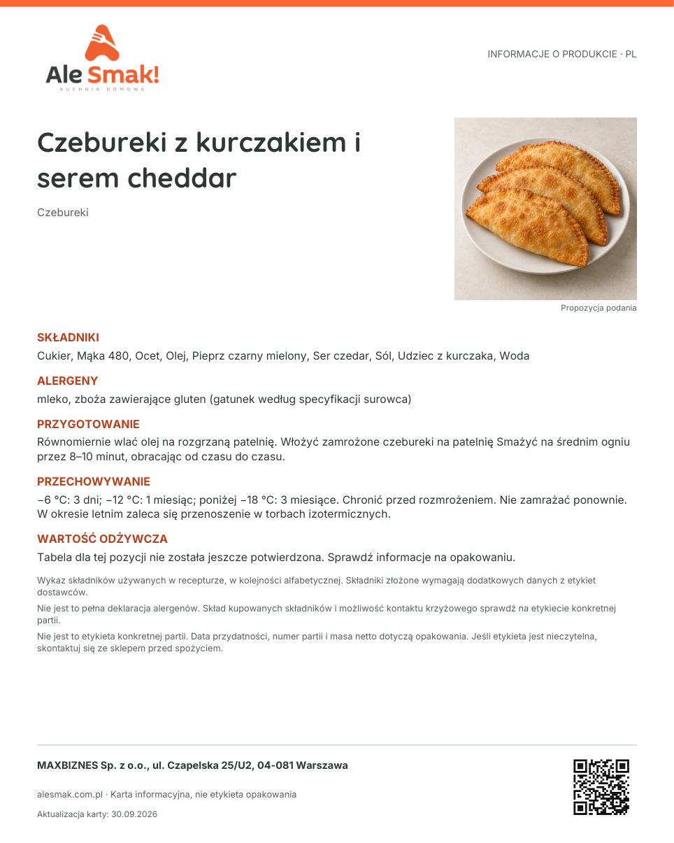 Karta informacyjna (PL): Czebureki z kurczakiem i serem cheddar