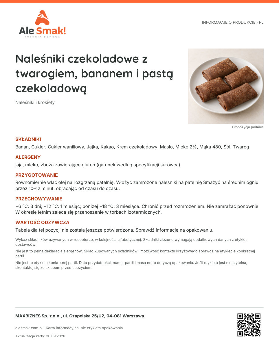 Karta informacyjna (PL): Naleśniki czekoladowe z twarogiem, bananem i pastą czekoladową